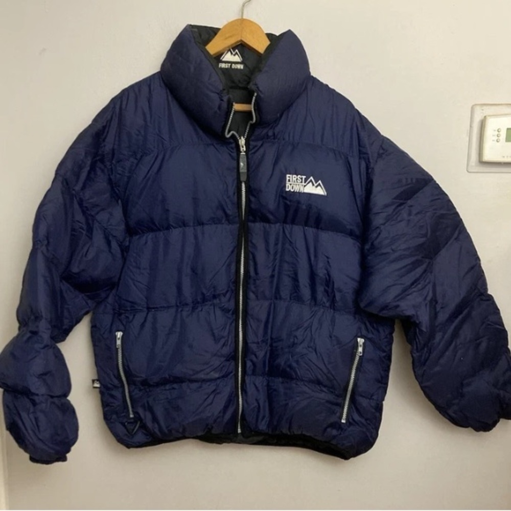 5-19 Vintage First Down Puffer Jacket Men XL Black Blue Reversible 90s